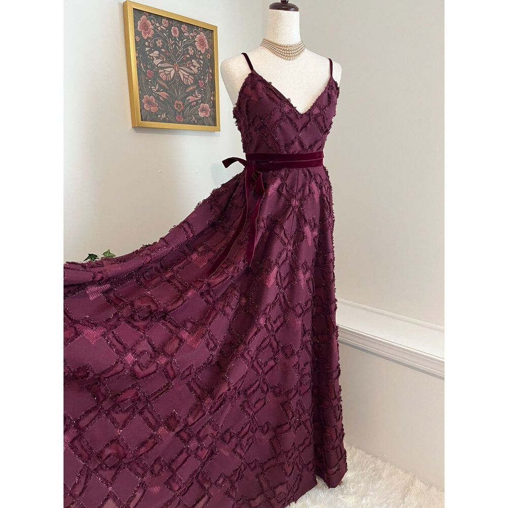 Badgley Mischka Burgandy Fairytale Dress with Velvet Belt Hidden Pockets
